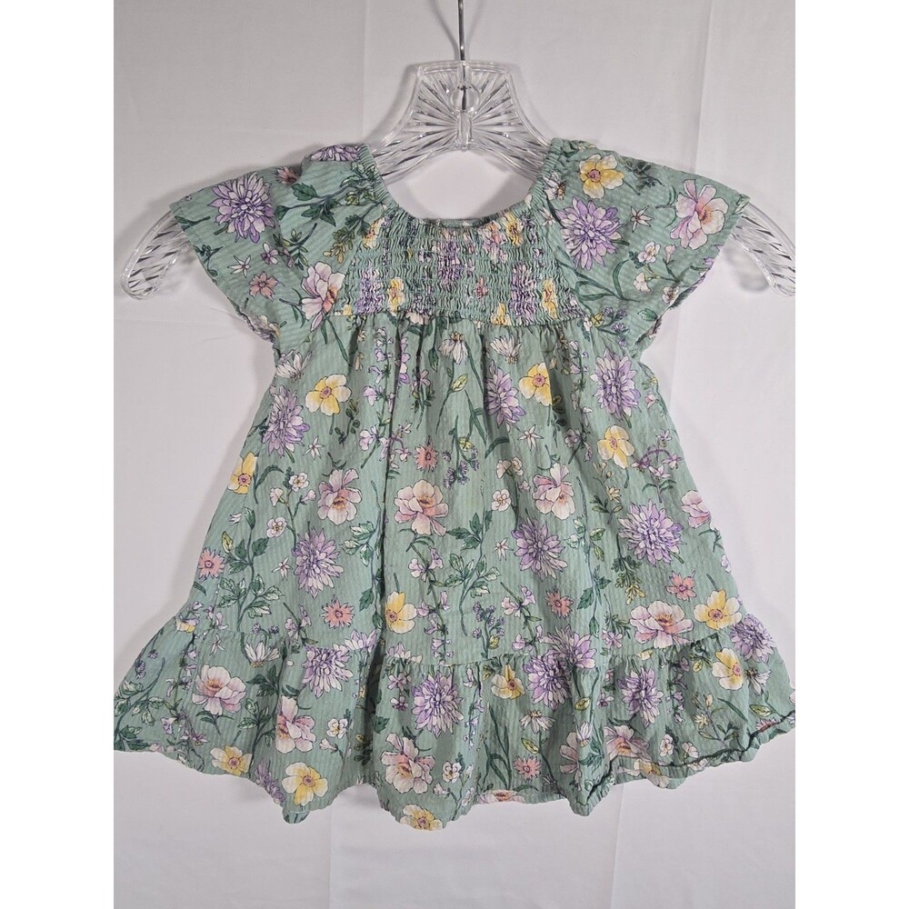 Wonder Nation 2T Green Smocked Floral Dress Short Sleeved Ruffled